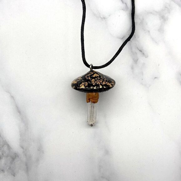 Stargazer Goods Jewelry - Black Mushroom Necklace with Quartz Crystal | Gold Leaf Polymer Clay Pendant